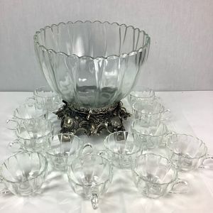 PITMAN-DREITZER 14pc PUNCH BOWL Ornate Gold Tone Stand, 12 Cups